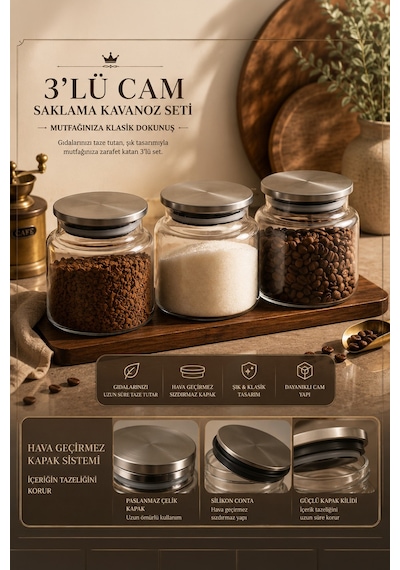 Porsima 4408 Bormio Metal Kapaklı 3lü Cam Kavanoz Seti Vakum Kapaklı Saklama Düzenleme Kabı Seti 650ml