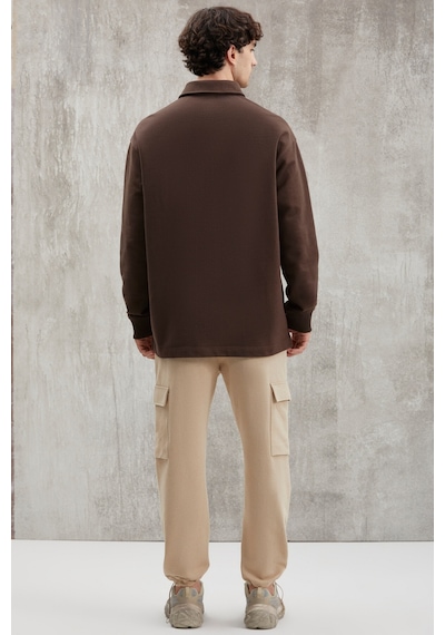 Grımelange John Erkek Polo Sweat Gömlek Yakalı Arkası Uzun Yırtmaçlı Diagonel Kumaşlı Koyu Kahverengi Sweatshir