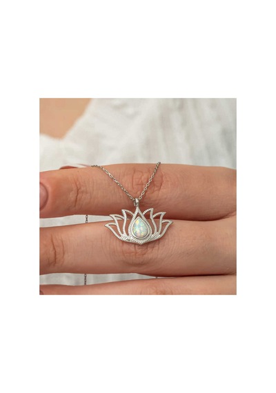 Gümüş Beyaz Opal Taşlı Lotus Kadın Kolye Gümüş Gümüş