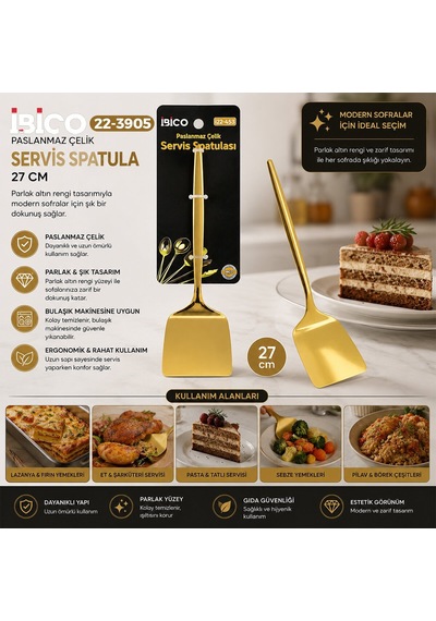 İbico İ22-453 Altın Gold Metal Servis Spatulası - 27 Cm- 12'li Paket