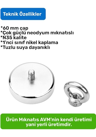 Ø70 Mm Neodyum Deniz Mıknatısı 100 Kg Çekim Gücü 25metre Halat Ve Karabina Dahil Set