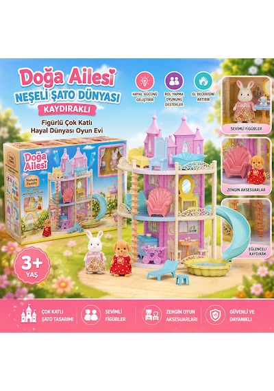 Doğa Ailesi Neşeli Şato Dünyası Kaydıraklı Figürlü Çok Katlı Hayal Dünyası Oyun Evi