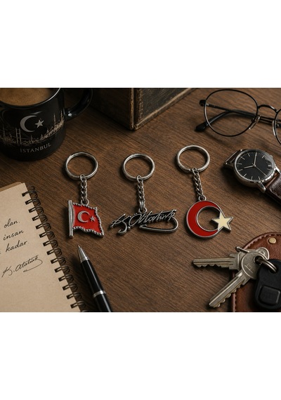 3 Lü Türk Bayrağı Ve Atatürk İmzalı Milli Temalı Anahtarlık Seti
