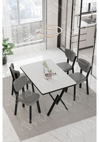 Avvio Pedra Elma Sandalye 80x120 Yemek Masası Mutfak Masası 4 Kişilik Masa Sandalye Takımı Beyaz