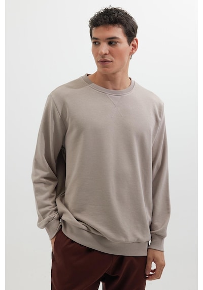 Tudors Unisex Relax Fit Rahat Kesim %100 Pamuk 3 İplik Basic Bej Bisiklet Yaka Sweatshirt-35145 Bej