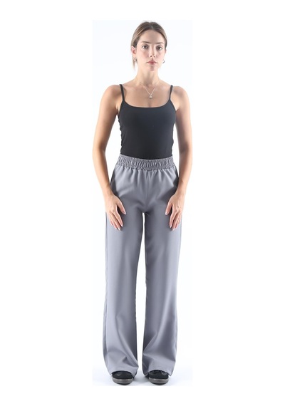 Dokuma Gri Geniş Paça Beli Lastikli Basic Uzun Kadın Pantolon Sh191 S