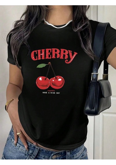 Cherry Happy Baskılı Siyah Tshirt Anne Kız Kombin - Oversize Bisiklet Yaka Tişört Siyah-279076 Cherry Happy Baskılı Siyah Tshirt Anne Kız Kombin - Oversize Bisiklet Yaka Tişört Siyah-279076