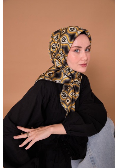 Twill İpek Eşarp 11470-31 Siyah, Yanık Sarı, Gri, Antrasit