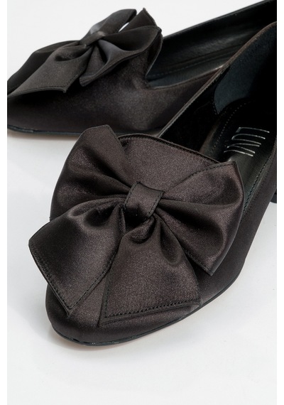 Luvishoes Luvi Shoes Real Siyah Saten Fiyonklu Kadın Topuklu Babet Ayakkabı Siyah Saten