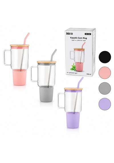 Cam 1000ml Matara - Suluk Bambu Kapak - Sızdırmaz Silikonlu Çelik Pipet Koruyucu Silikon Altlık - Kılıf Renkli