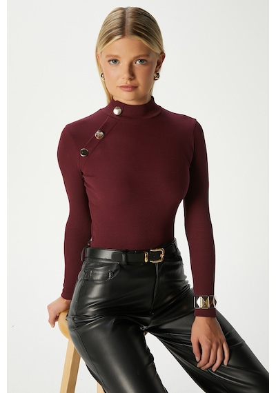 Ritnice Kadın Gloria Gold Düğmeli Uzun Kollu Bordo Fitilli Pamuk Bluz Bordo