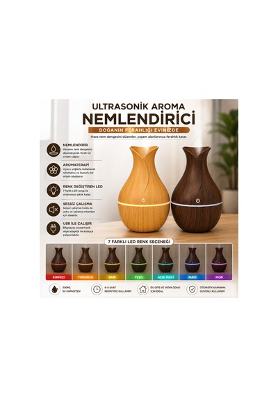 Ahşap Görünümlü Vazo Şeklinde Ultrasonik Hava Nemlendirici Renk Değiştiren Led Işıklı Aroma Difüzör Kahverengi