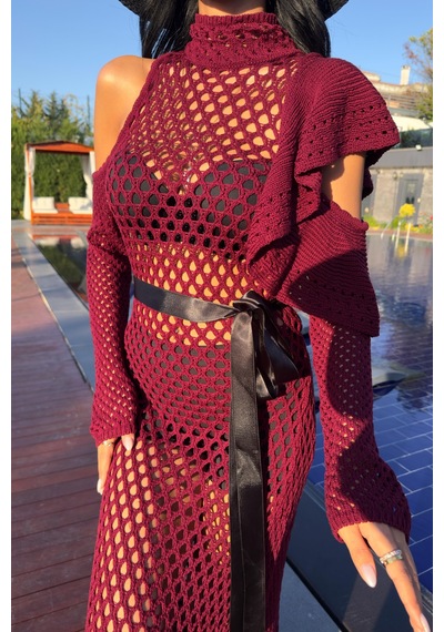 Lijuri Saten Kuşaklı Ajurlu Triko Elbise 2847 R1-o-k3 Bordo