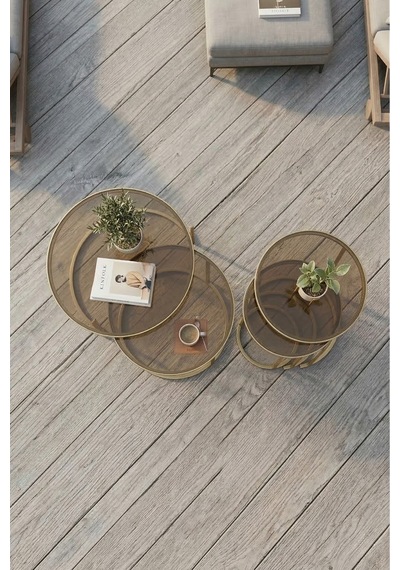 Milas Orta Ve Zigon Sehpa Seti Ø60-47 Mat Gold Metal, Temperli Bronz Cam Eskitme Bronz Milas Orta Ve Zigon Sehpa Seti Ø60-47 Mat Gold Metal, Temperli Bronz Cam Eskitme Bronz