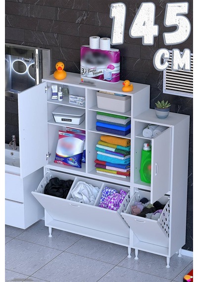 Lara 145 Cm Kirli Sepetli Banyo Ve Kiler Dolabı Çok Amaçlı Dikey Dolap Beyaz 95+50 X160x32,5 Cm Lara 145 Cm Kirli Sepetli Banyo Ve Kiler Dolabı Çok Amaçlı Dikey Dolap Beyaz 95+50 X160x32,5 Cm
