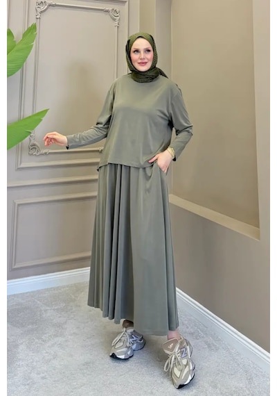 Balenbi Kadın Modal Kumaş Rahat Kalıp Lastikli Bel Etekli Tesettür Takım 1221 - Premium Seri Haki Balenbi Kadın Modal Kumaş Rahat Kalıp Lastikli Bel Etekli Tesettür Takım 1221 - Premium Seri Haki
