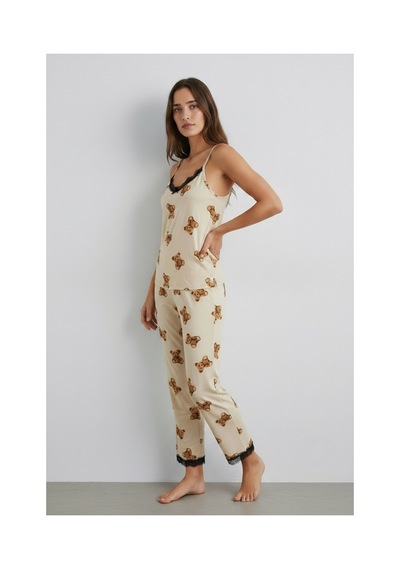 Feg Store Kadın Krem Ayıcık Baskılı Siyah Dantel Detaylı İp Askılı Pijama Takımı