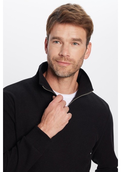 Tudors Unisex Relax Fit Rahat Kesim Pamuklu Yarım Fermuarlı Siyah Dik Yaka Sweatshirt-31973 Siyah