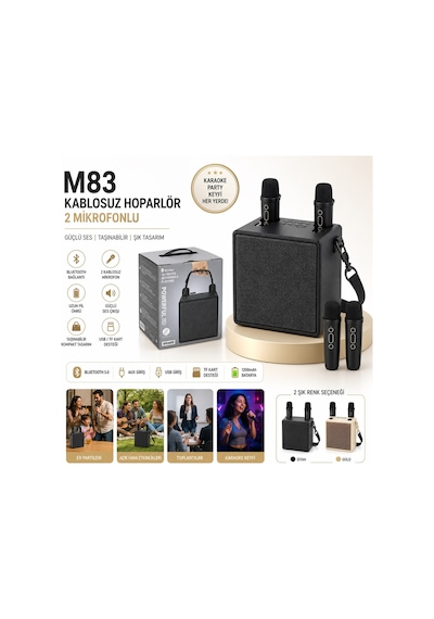 M83 Çift Karaoke Mikrofonlu Speaker Şarjlı Kablosuz Taşınabilir Hoparlör Hafıza Kartı Ve Usb Girişli Ses Bombası