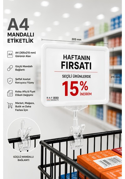 A4 Mandallı Fiyatlık Etiketlik Sepet Raf Askılık Fiyat Etiketi Çerçeveli Market Mağaza Beyaz