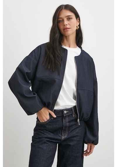 Beli Lastikli Fermuarlı Denim Görünümlü Bomber Ceket Lacivert Lacivert