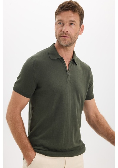 Tudors Erkek Slim Fit Dar Kesim %100 Pamuk Örme Triko Fermuarlı Haki Polo Yaka Tişört-50719