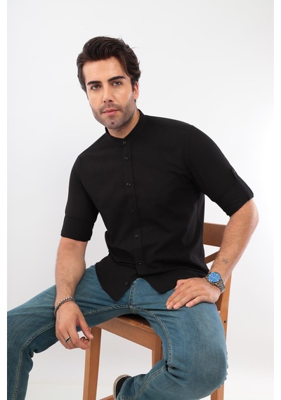 Hakim Yaka Slim Fit Keten Hediye Kutulu Erkek Gömlek Fs-003042 - Siyah-2193
