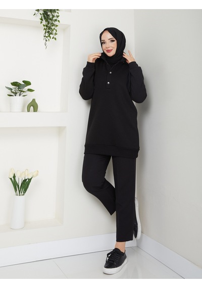 Raika Moda Kapşonlu 3 İplik Büyük Beden Tesettür Sweatshirt Siyah