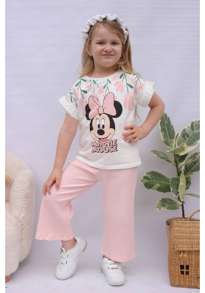 Kız Çocuk Minmause Desenli T-shirt -pamuklu Bermuda Fitilli Pantolon Alt Üst Takım Somon