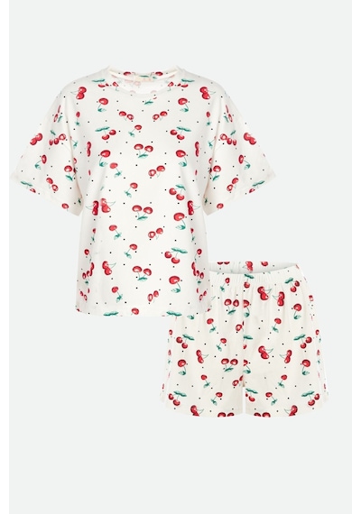 Kadın Kiraz Desenli Kısa Kollu Şortlu Pijama Takımı Ko7201ş-1 Çok Renkli