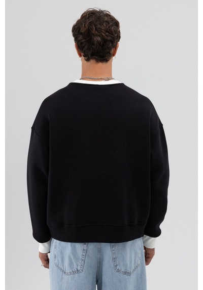 Vamos Bisiklet Yaka Cep Detaylı Oversize Sweatshirt Siyah