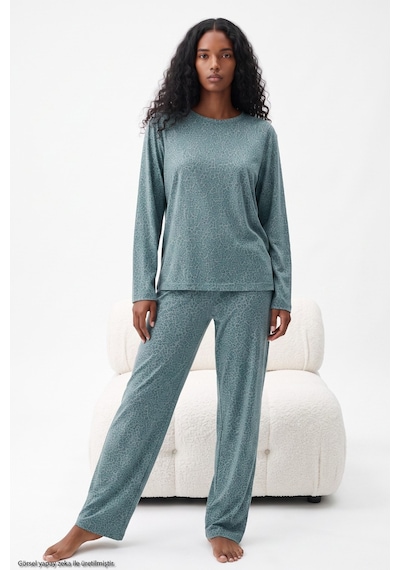 Siyah İnci Leopar Baskılı Örme Pijama Takım 8078 Yeşil Leopar