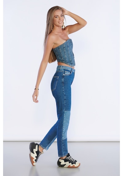Lacivert Yüksek Bel Yama Detaylı Mom Jeans-lacivert Lacivert