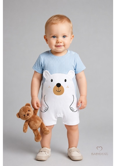 Babyden's Erkek Bebek Ayıcık Baskılı Kısa Kollu %100 Pamuk Yazlık Bebek Tulumu Yenidoğan Günlük Tulum 0-9 Ay Bebe Mavi