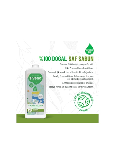 Siveno %100 Doğal Sıvı Kastil Sabun Zeytinyağlı Yoğun Nemlendirici Bitkisel Vegan 1 L