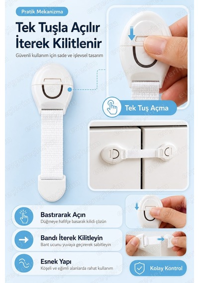 Bebek Çocuk Güvenlik Emniyet Kilidi 4 Adet Dolap ve Çekmece Kilidi Beyaz