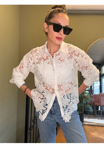 Ali Butik Beyaz Güpürlü Transparan Gömlek