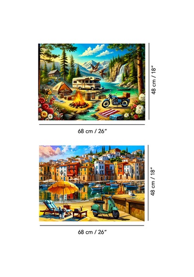 2 Adet 1000 Parça Puzzle - Kamp Ateşi Orman Manzarası Ve Sahil Kasabası Manzarası Yapboz 68x48 Cm