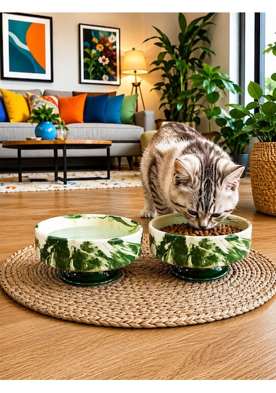 Mama Kabı Kedi Ve Köpek Ayaklı 2 Li Seramik Doğal Mama Ve Su Kabı Yeşil Marble