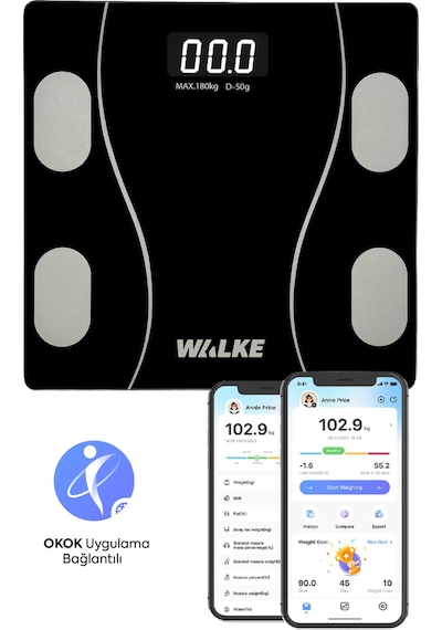 Walke Premium Seri Dijital Baskül Yağ Su Kas Vücut Kitle Endeksi Kilo Ölçer Tartı 30 30 Cm Siyah