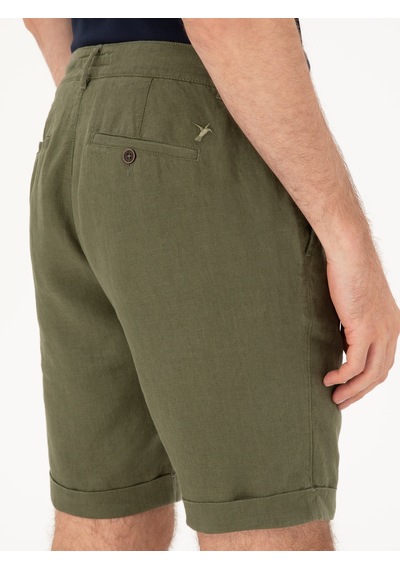 Cacharel Haki Regular Fit Beli Lastikli %100 Keten Şort YESIL