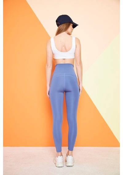 Thıff Gymwear Yüksek Bel Sıkılaştırıcı Toparlayıcı Push-up Çift Cepli Bilek Hizasında Spor Tayt Mavi
