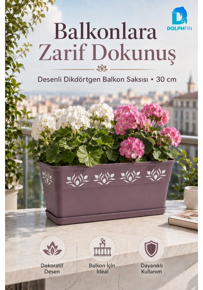 Desenli Dikdörtgen Balkon Saksısı 30x16,5x14,5 Cm Tabaklı Plastik Çiçek Saksısı Mürdüm