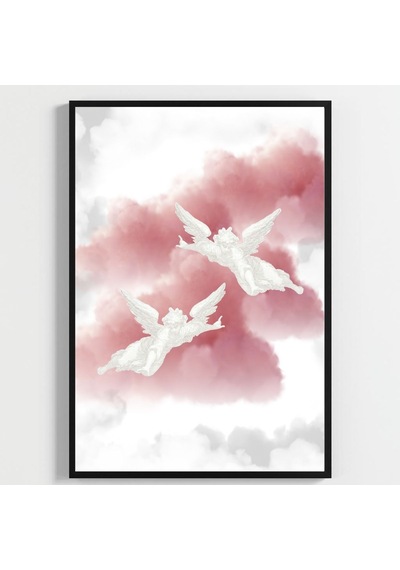 Besay Kanatlanmış Modern Yatak Odası Duvar Dekorasyonu Pembe Bulutlu Melek Kanadı Posteri 3'lü Set A2 Çerçevesiz