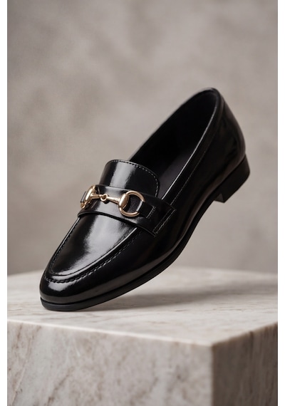 Iconic Klasik Siyah Kadın Loafer Ayakkabı Toka Detaylı Esnek ve Hafif