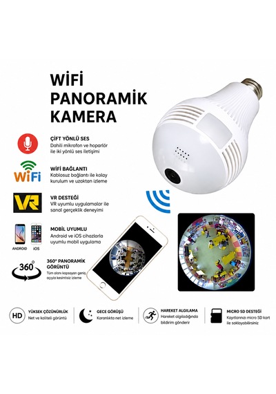 Wifi 360 Panoramik Ampul Kamera E27 Duy Uyumlu, Gece Görüşlü, Hareket Algılamalı, Çift Yönlü Ses, Micro Sd Kart Destekli Güvenlik Kamerası
