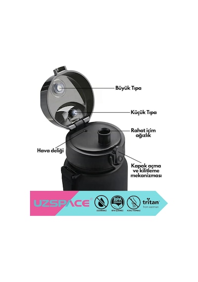 Uzspace 650ml Çift Renkli Sızdırmaz Bpa İçermez Kilitlenebilir Kapaklı Motivasyonel Tritan Su Matarası Siyah-beyaz 0