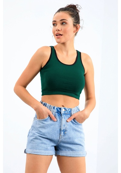 Tommy Life Yeşil Basic Sıfır Kol Dar Kalıp U Yaka Kadın Crop Top Atlet - 97162 Yeşil