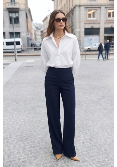Sateen Bol Paça Pantolon - Lacivert-137470