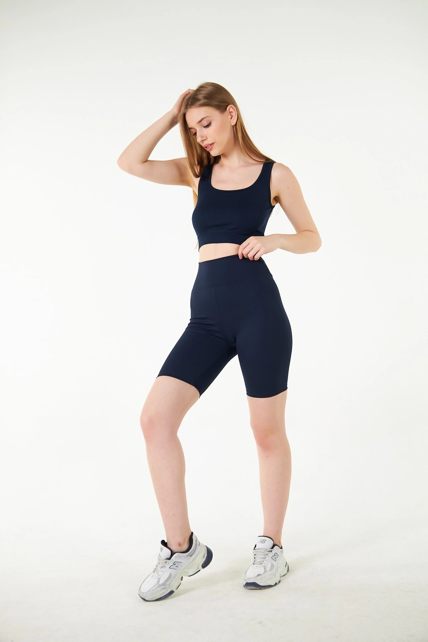 Thiff Gymwear Haki Yüksek Bel Toparlayıcı Kısa Şort Spor Fitilli Biker Tayt Lacivert